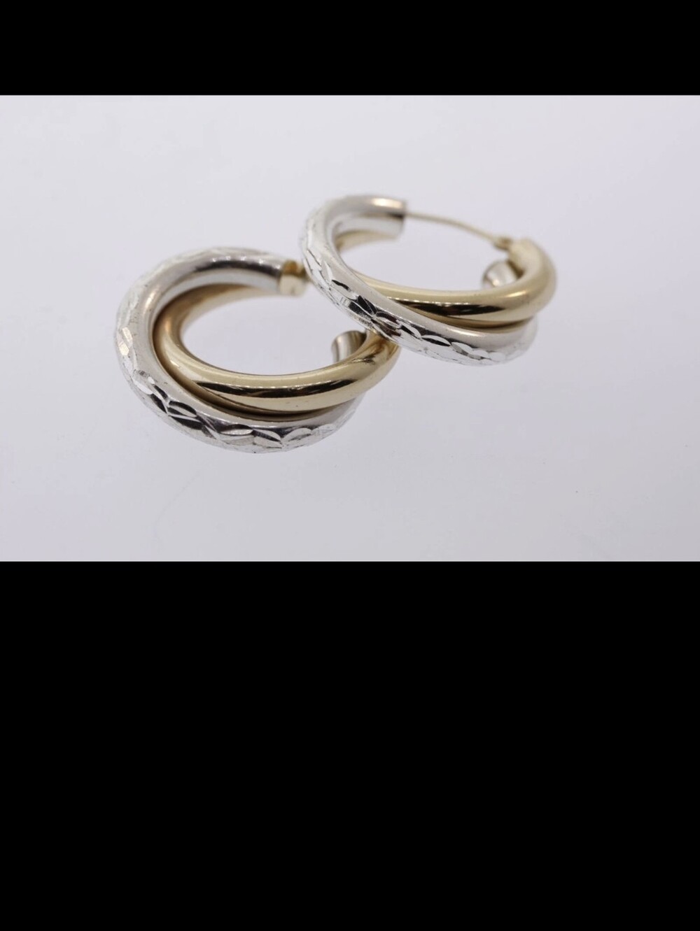 Sterling Silver & Yellow 14k Gold 20mm Etched Design Double Hoop Earrings